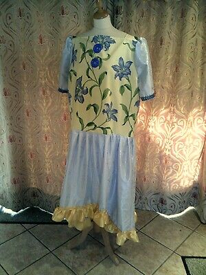 Panto Dame Blue floral/Yellow ribbon Mop cap 50