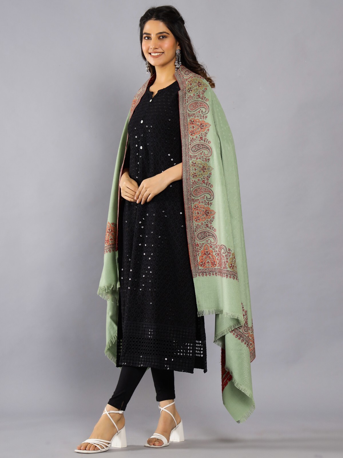 India Pashmina Shawl Wrap-Trendy Paisley Wool Cashmere Oversize Green Throw 80"