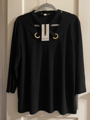 NWT $89 Nine West Knit Boho Top Shirt Blouse Tunic Long Sl Plus Sz 2X 3X Black