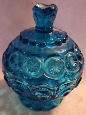 Vintage LE SMITH GLASS BLUE MOON & STARS CANDY JAR W/ LID FOOTED 5.5'' x 4.5''