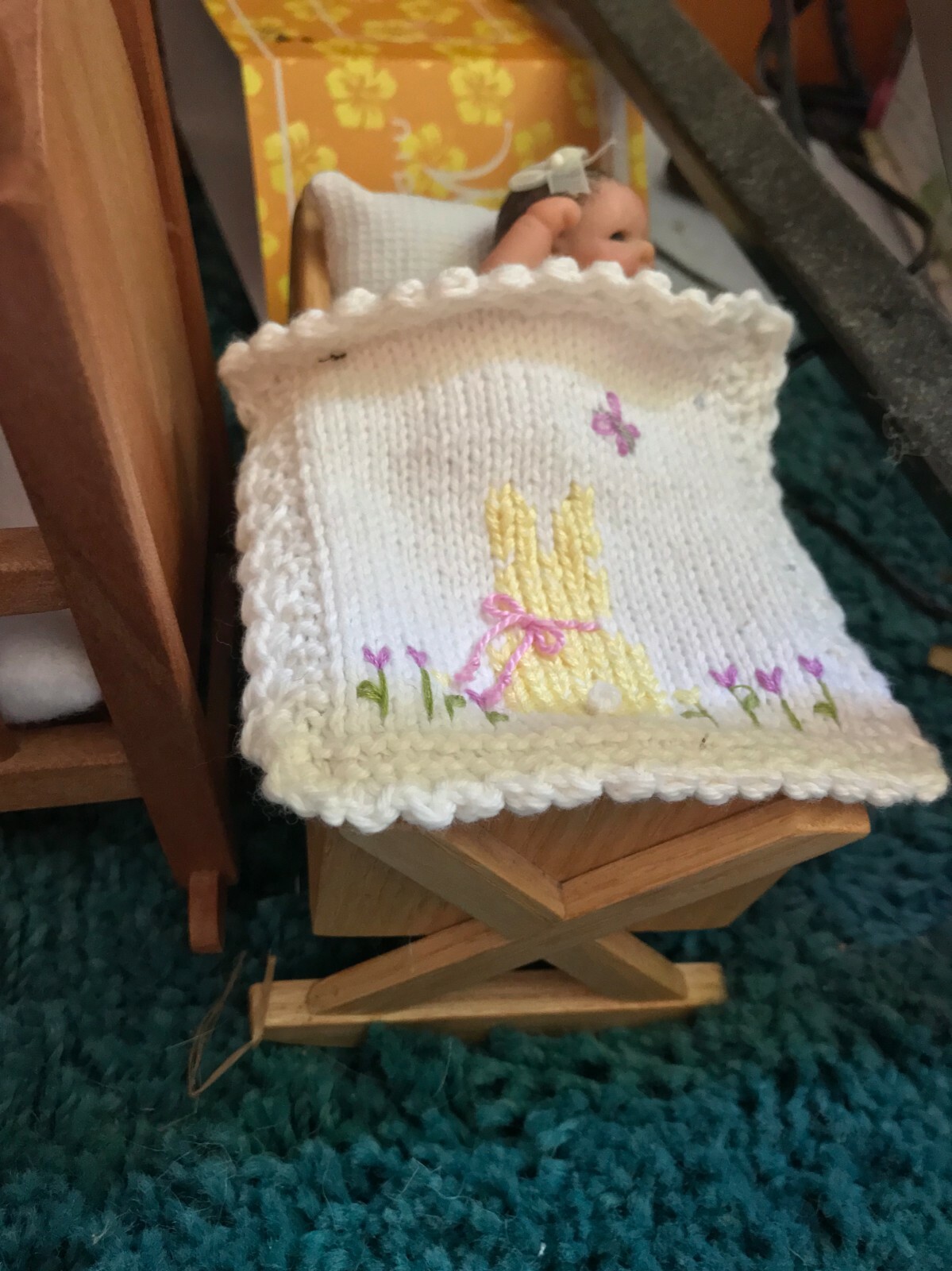 OOAK ARTISAN MADE CERNIT GIRL CROCHETED OUTFIT BUNNY BLANKET + ARTISAN CRIB COA
