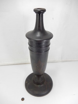 Antique Turned Wood Urn With Old Black Painted Finish & Hand Decorated.