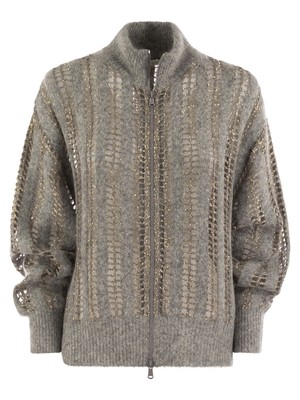 Pre-owned Brunello Cucinelli Wool And Mohair Cardigan With Mesh Workmanship In Gray