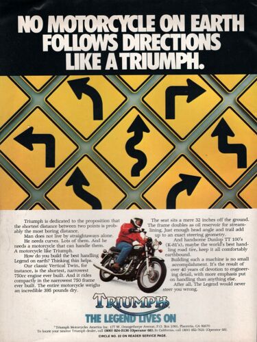 1978 Triumph Bonneville Motorcycle "Follows Directions" Original Color Ad 