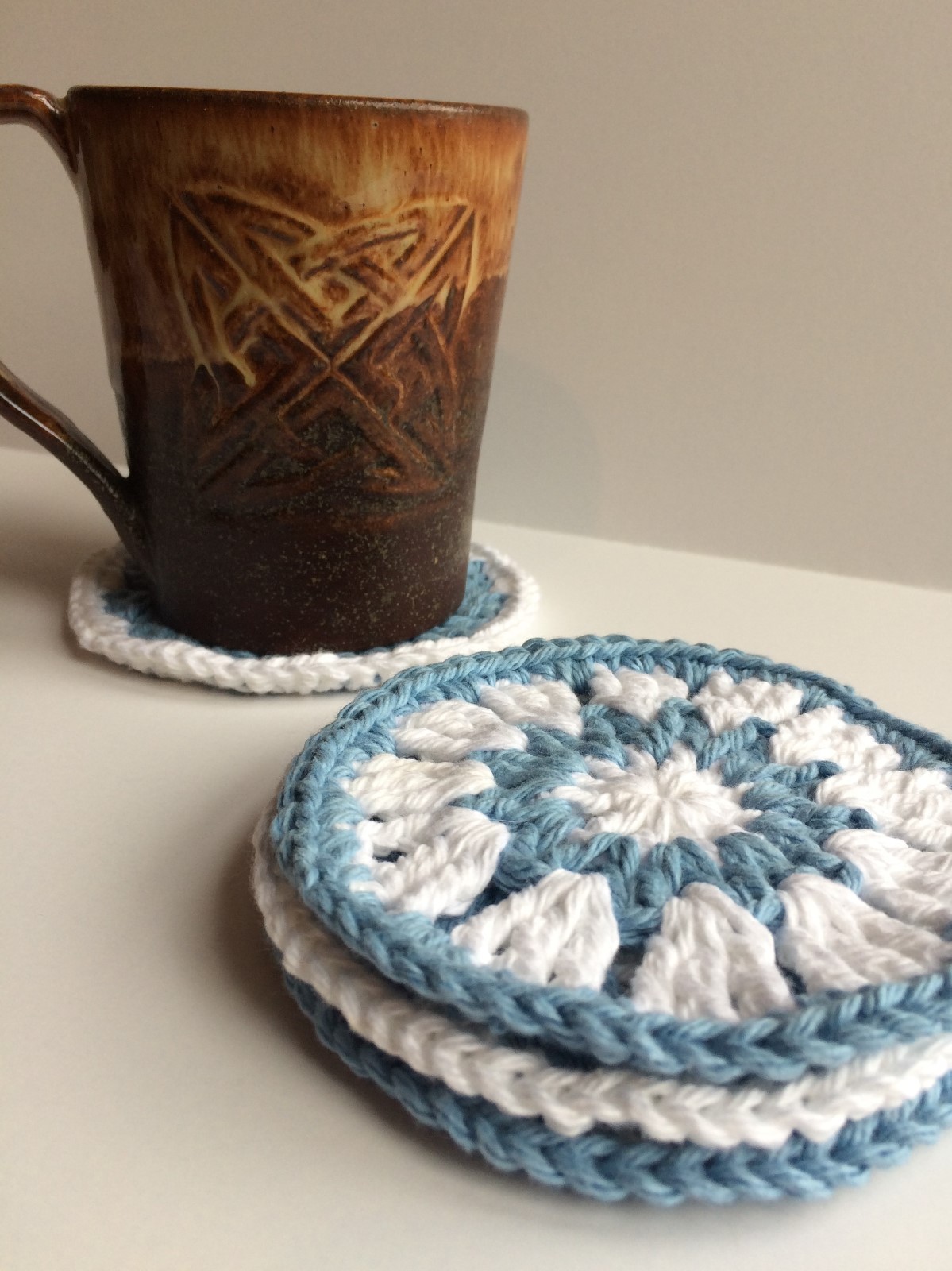 Handmade Crochet Round Mandala Coasters - Set of 4 - Blue/White - 100% Cotton