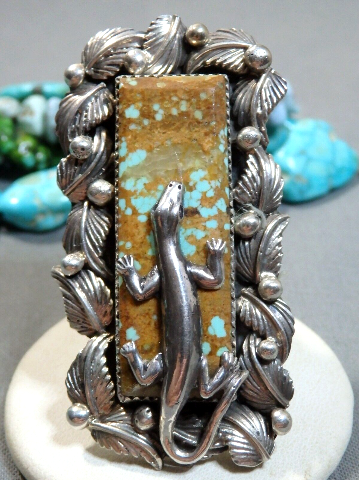 Fantastic San Felipe Native American 8 Turquoise Sterling Silver Gecko Ring Fantastic San Felipe Native American 8 Turquoise Sterling Silver Gecko Ring