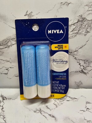 Nivea All-Day Nourishing Moisture Smoothness Lip Balm Care SPF15 2 Pk Sealed