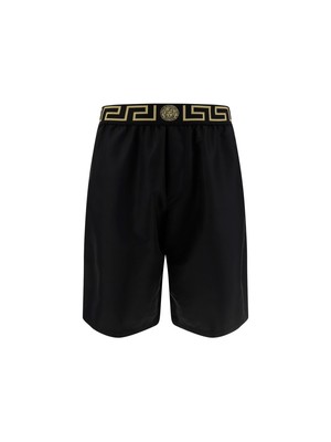 Pre-owned Versace Greca Printed Waistband Swim Shorts In Nero Greca Oro