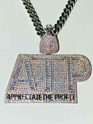 APPRECIATE THE PROFIT Ice out Silver 14k Men Pendant 6mm Miami Cuban Link Chain