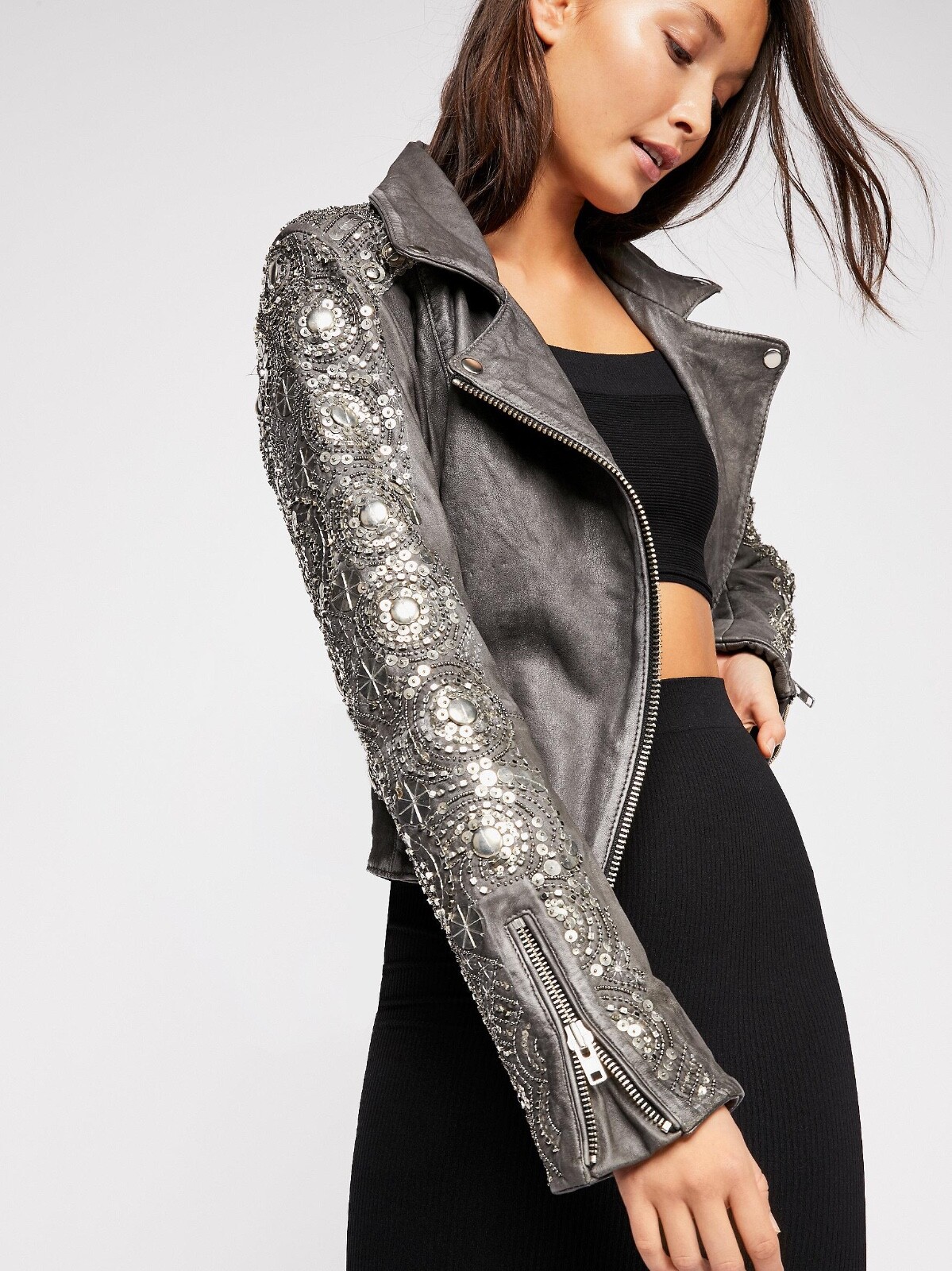 Free People Circle Embellished Moto Jacket Gray Leather