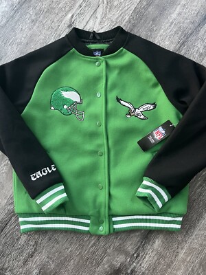 NFL Philadelphia Eagles Wool Bomber Varsity Jacket Black Kelly Green Women sz L