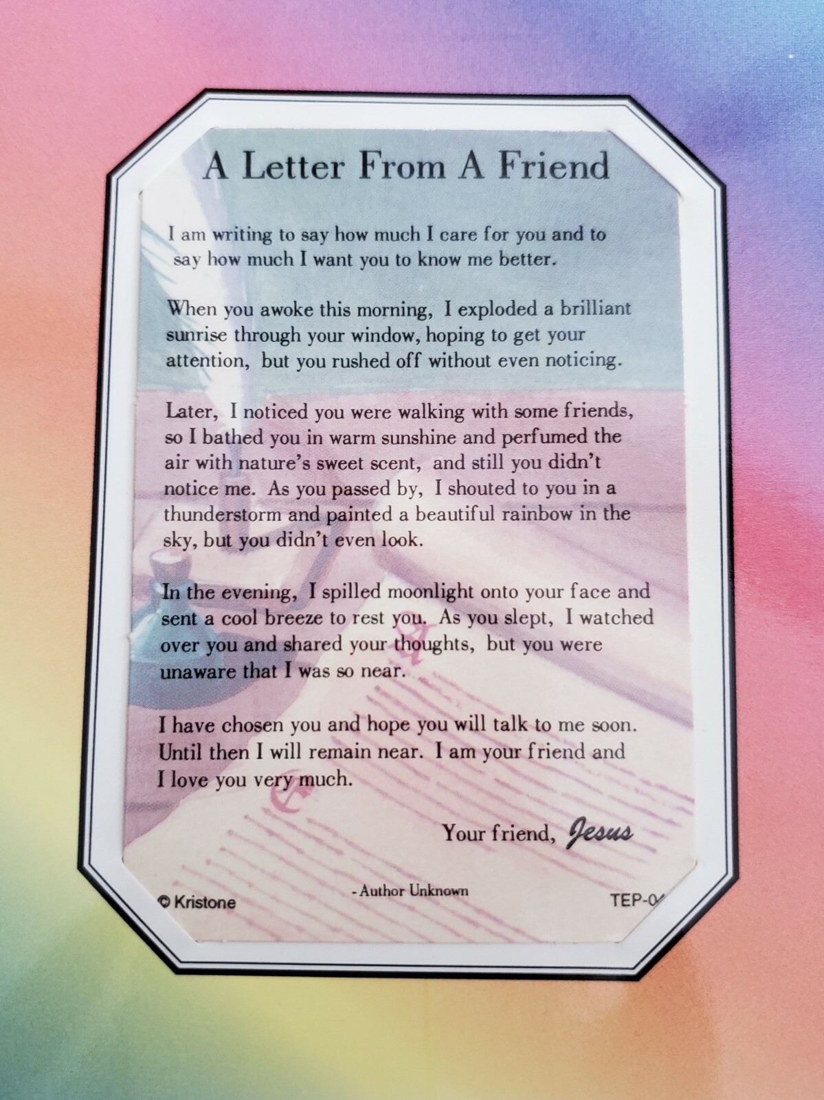 'A Letter From a Friend' Religious greeting card with removable keepsake card