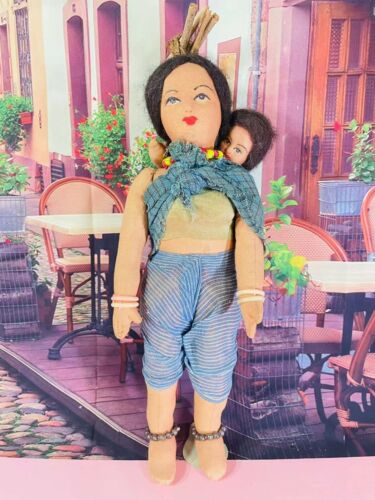 Vintage Handmade India Bhil Girl Doll by Khilowna 11" Fainted Face Tagged