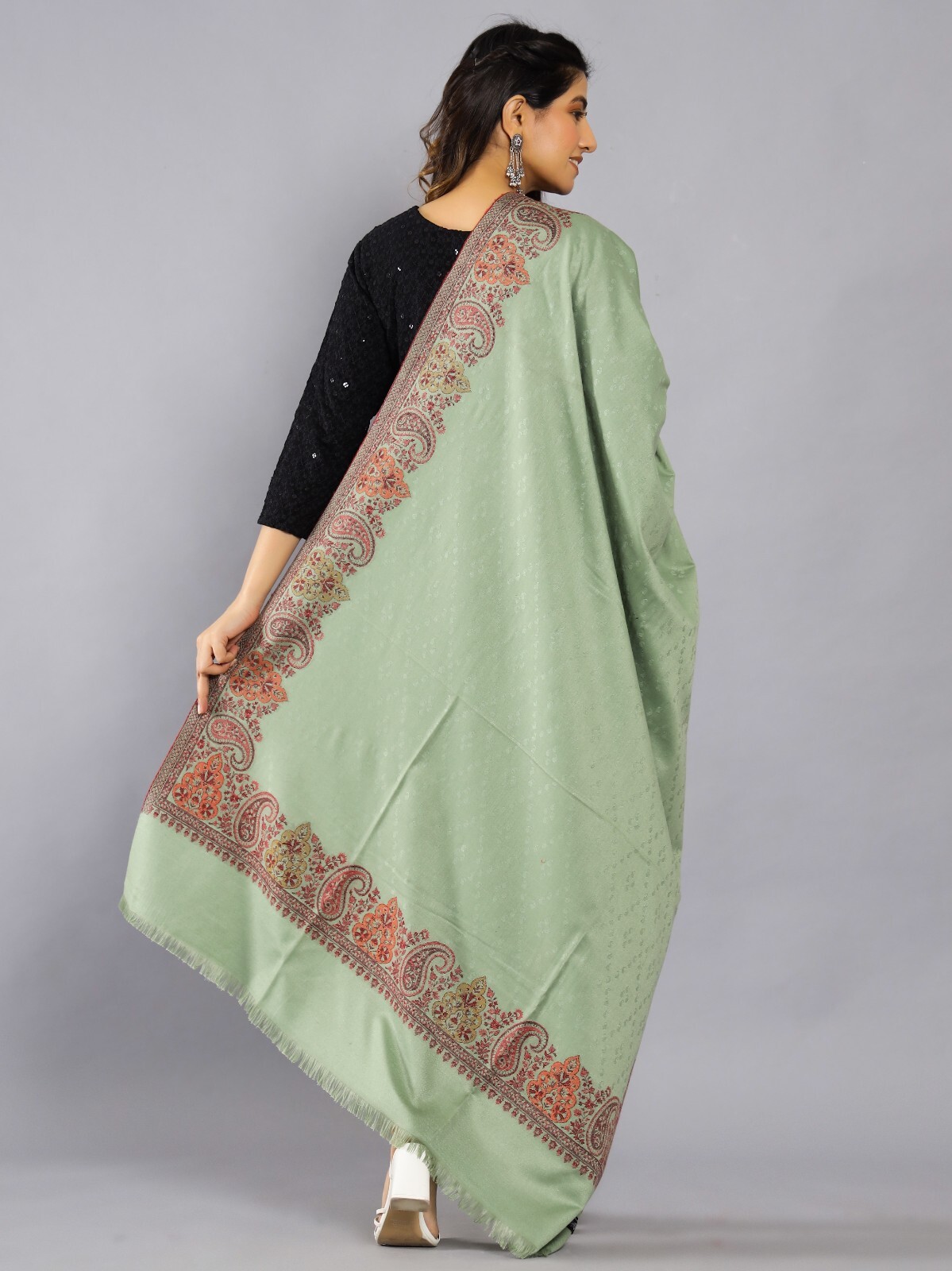 India Pashmina Shawl Wrap-Trendy Paisley Wool Cashmere Oversize Green Throw 80"