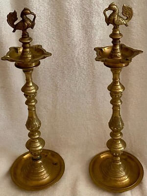 Pair Brass Peacock Diya Oil Lamps 17'' Hindu Pooja 5 wicks Unique Heavy Decor