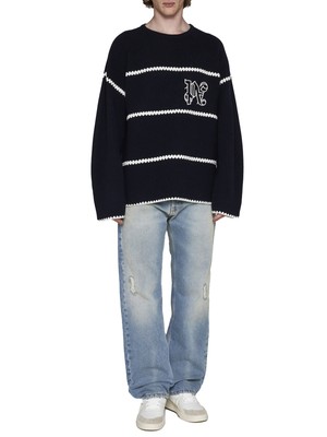 Pre-owned Palm Angels Monogrammed Striped Sweater In Blue
