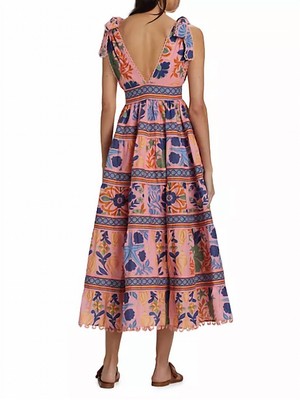 Pre-owned Farm Rio Seashell Tapestry Midi Dress Seashell Tapestry Pink In Multi - Size Xl