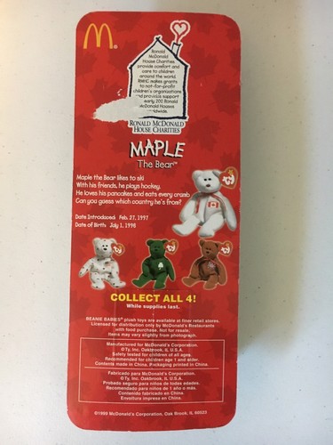 Complete Set Of 4 TY Teenie Beanie Babies Britannia Glory Erin and Maple Bears