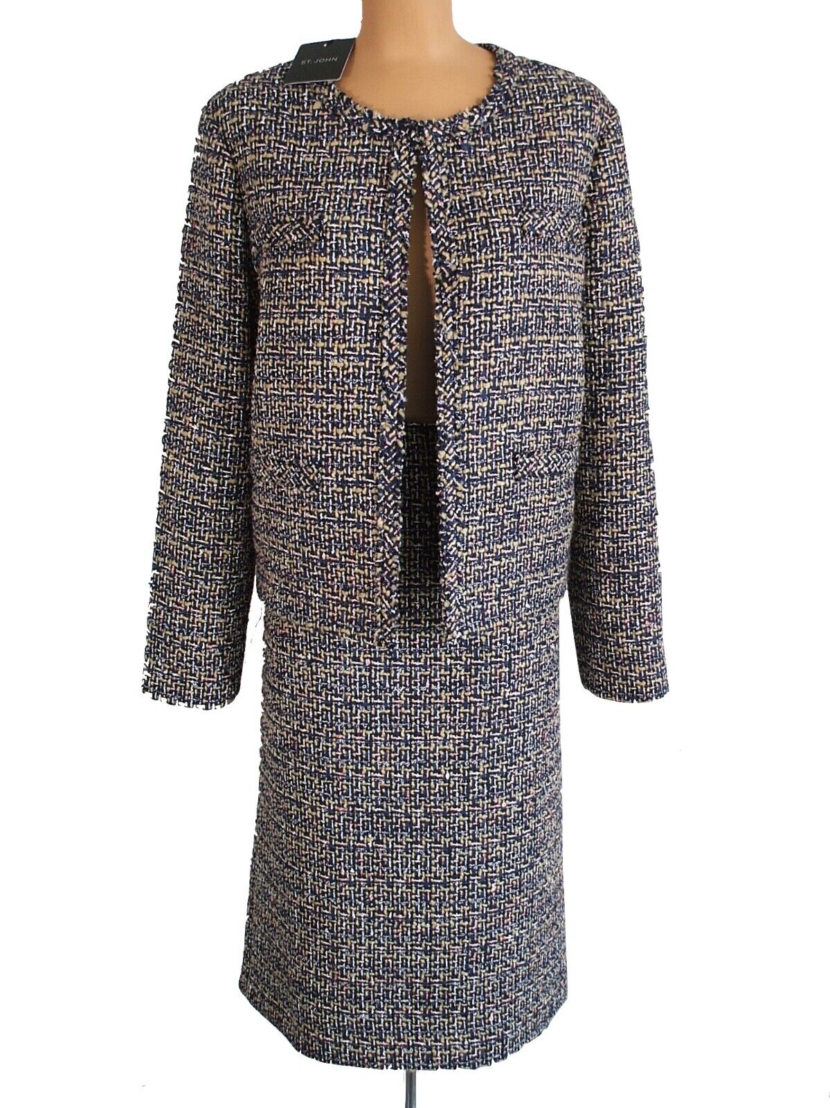 Pre-owned St John St. John Knits Subtle Plaid Tweed Jacket Blazer Skirt Suit Sz 16 $2190 In Soft Peach/camel Multi