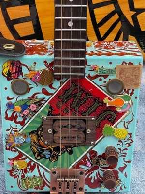 Custom-made Island Jim/Hawaiian/Luau/Tiki themed Cigar Box Guitar, One of a Kind