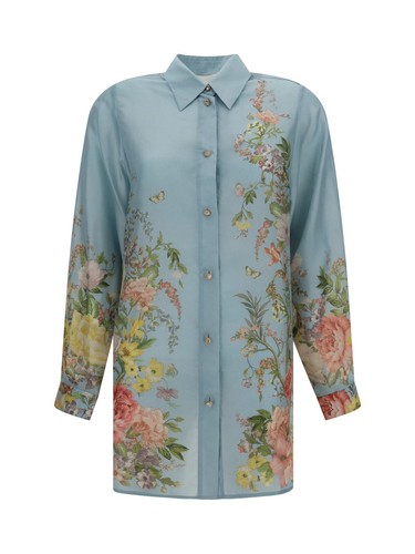 Pre-owned Waverly Zimmermann  Floral Print Relaxed Silk Shirt-0p In Blue