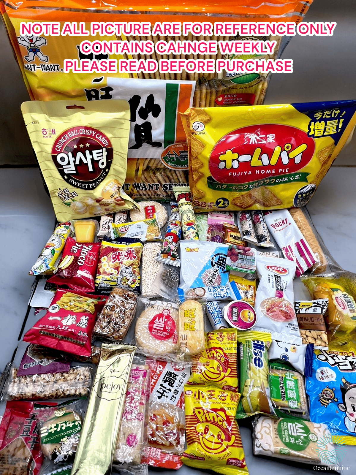 Asian Korean Japanese Chinese Variety instant ramen box + Free Snack, Candy
