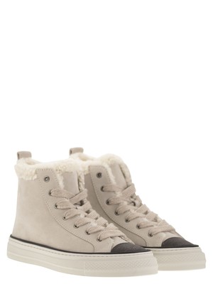 Pre-owned Brunello Cucinelli Suede Trainers With Shearling Lining And Jewelled Toe Cap In White