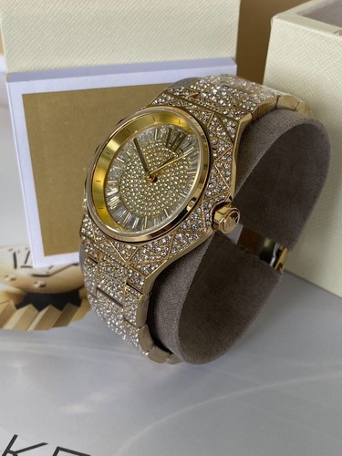 MICHAEL KORS MICHAEL KORS MK7398 RAQUEL PAVE THREE-HAND WOMEN'S GOLD-TONE QUARTZ WRISTWATCH