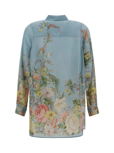 Pre-owned Waverly Zimmermann  Floral Print Relaxed Silk Shirt-0p In Blue