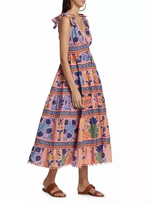 Pre-owned Farm Rio Seashell Tapestry Midi Dress Seashell Tapestry Pink In Multi - Size Xl