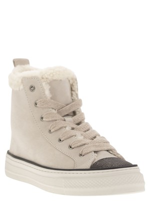 Pre-owned Brunello Cucinelli Suede Trainers With Shearling Lining And Jewelled Toe Cap In White