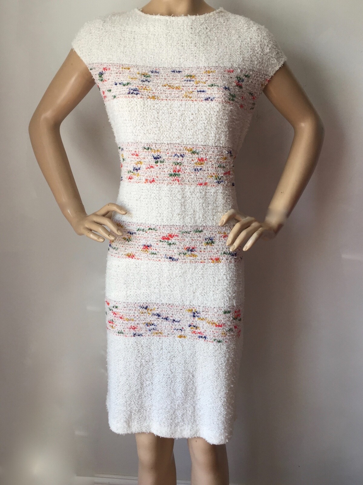 Pre-owned St John Knit Sz 12 Dress Tweed White Cream Multi In Yellow