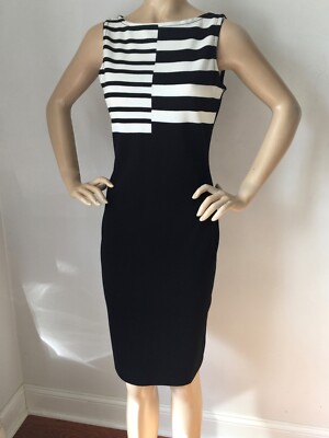 Pre-owned St John Knit Dress Size 4 Black Caviar & Cream Milano Knit Wool Rayon In Black & Cream