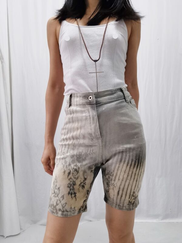 Reworked DIY distressed acid wash stretchy shorts high waist denim