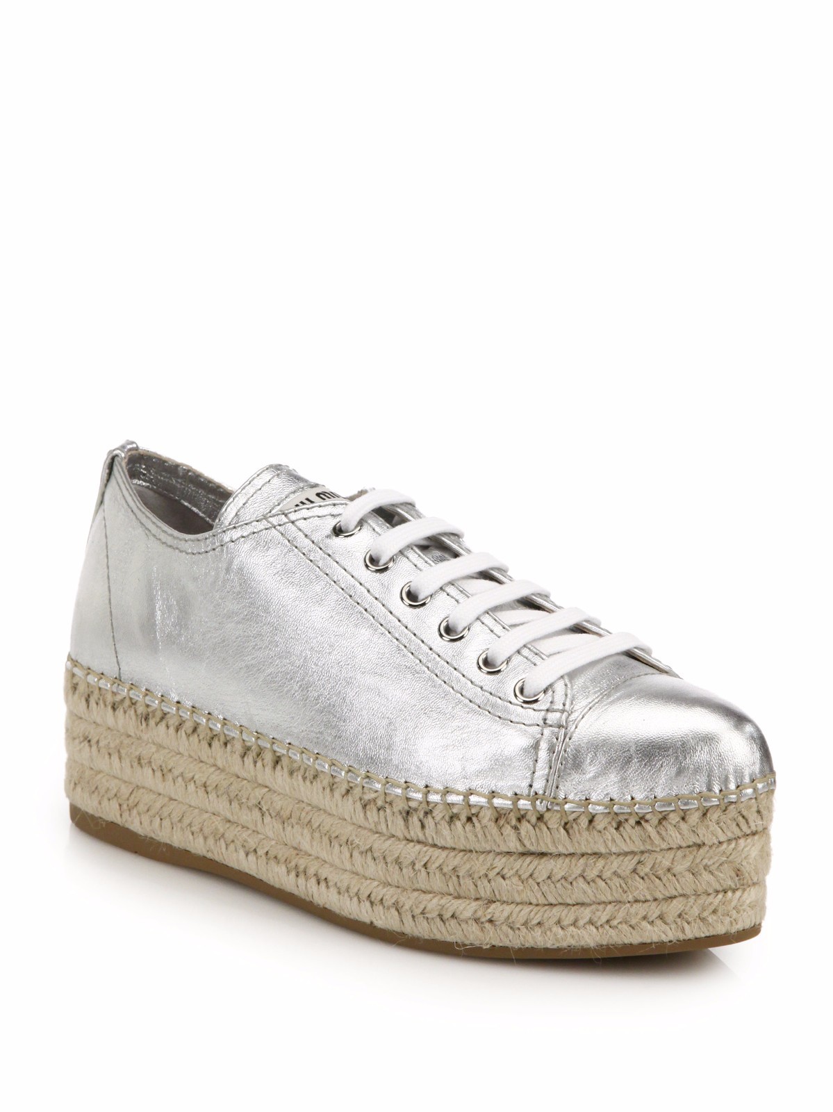 MIU MIU ICONIC SILVER PLATFORM LOGO ESPADRILLE SNEAKERS EU 42 US