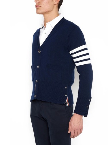 Pre-owned Thom Browne 4-bar Stripe V Neck Cardigan Navy Size 1 Color Navy In Blue