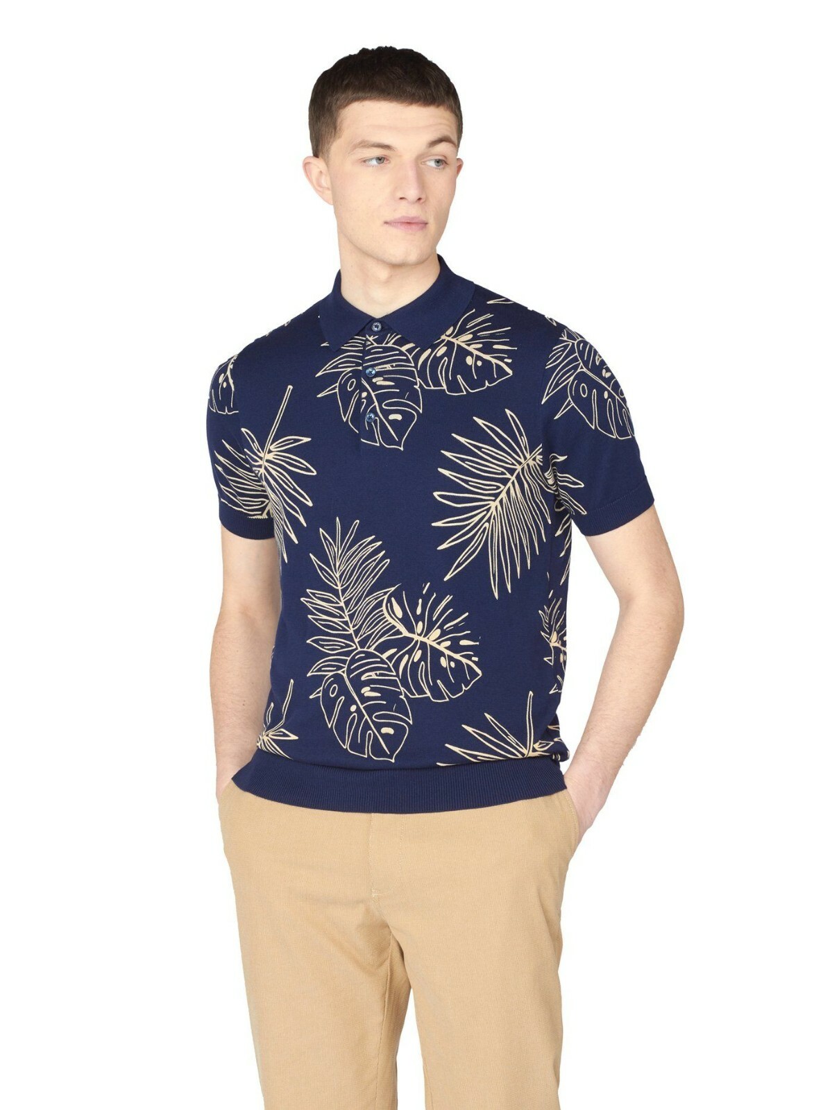 

Ben Sherman Цветочная трикотажная футболка-поло мужская морская повседневная футболка Activewear Top, Синий, Ben Sherman Floral Knitted Polo T-Shirt