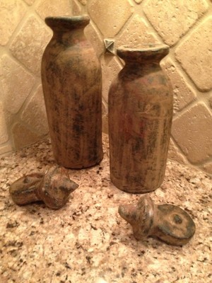 2 Rustic Mediterranean Clay Vessel/Bottles with Stopper Tops