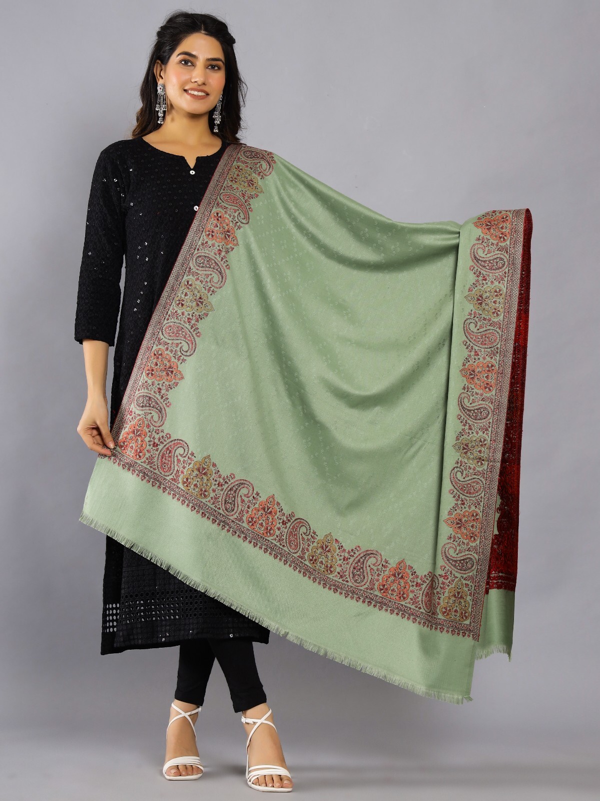 India Pashmina Shawl Wrap-Trendy Paisley Wool Cashmere Oversize Green Throw 80"