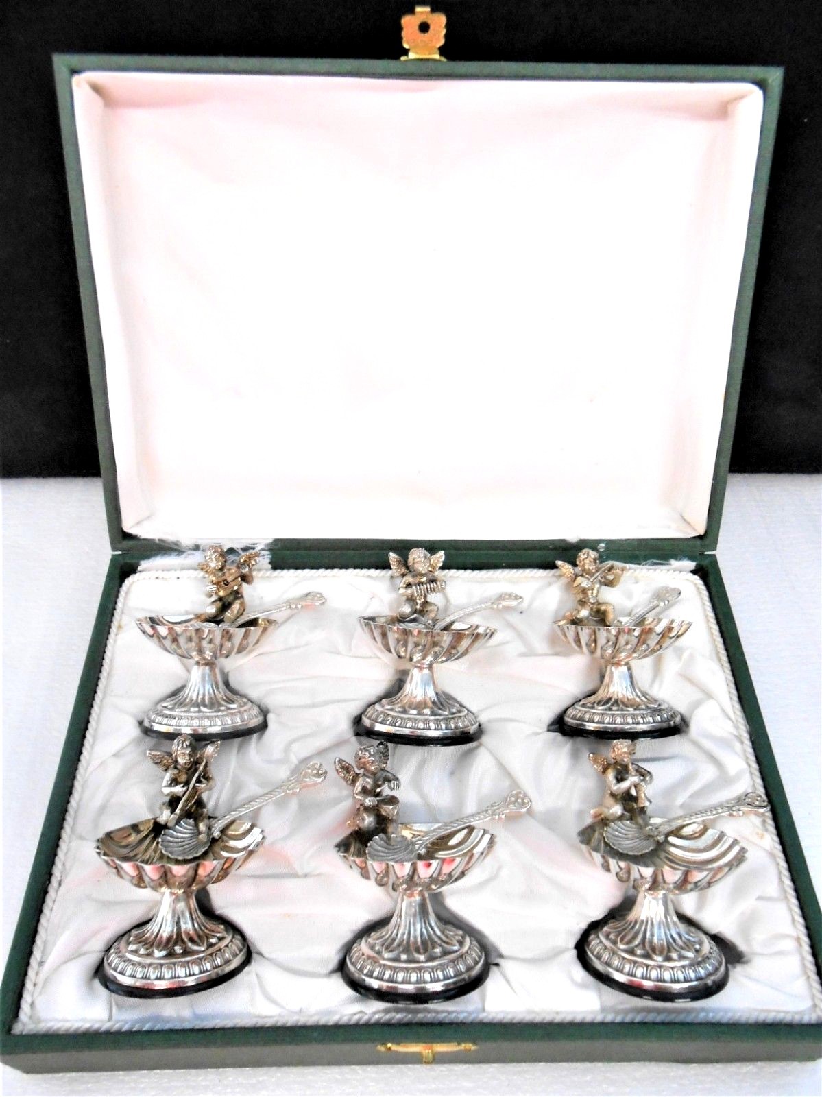 Spanish Silver Cherub Musicians salt cellars & Spoons~Pedro Duran Morales SPAIN
