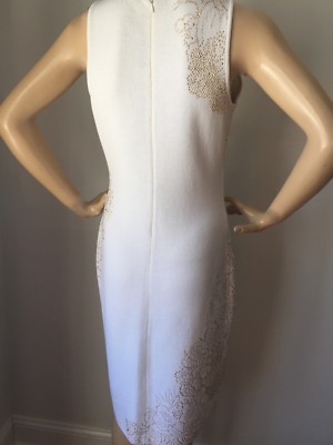 Pre-owned St John Knit Evening Dress Size 8 Bright White Gold Shimmer Santana Knit