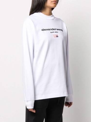 Pre-owned Alexander Wang Women's York Embroidered Flag Logo Crewneck Sweatshirt Sz Xs In White