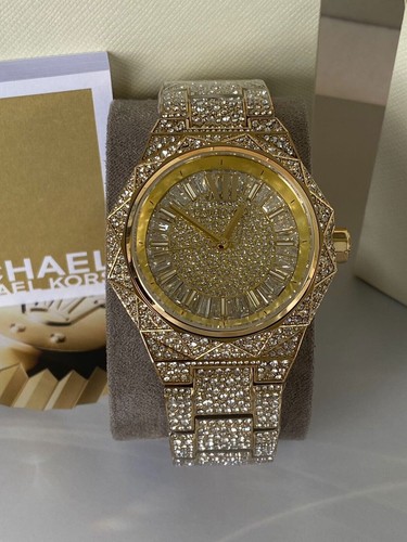 MICHAEL KORS MICHAEL KORS MK7398 RAQUEL PAVE THREE-HAND WOMEN'S GOLD-TONE QUARTZ WRISTWATCH