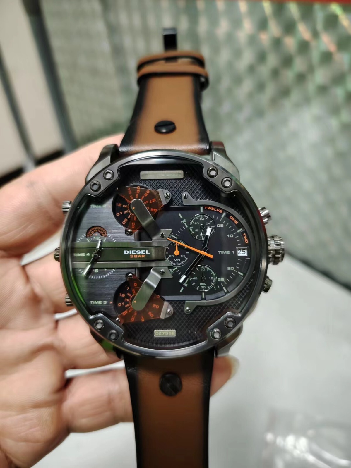 Diesel DZ7332 Mr. Daddy 2.0 Watch Brown Leather Strap Stainless Steel Case Men