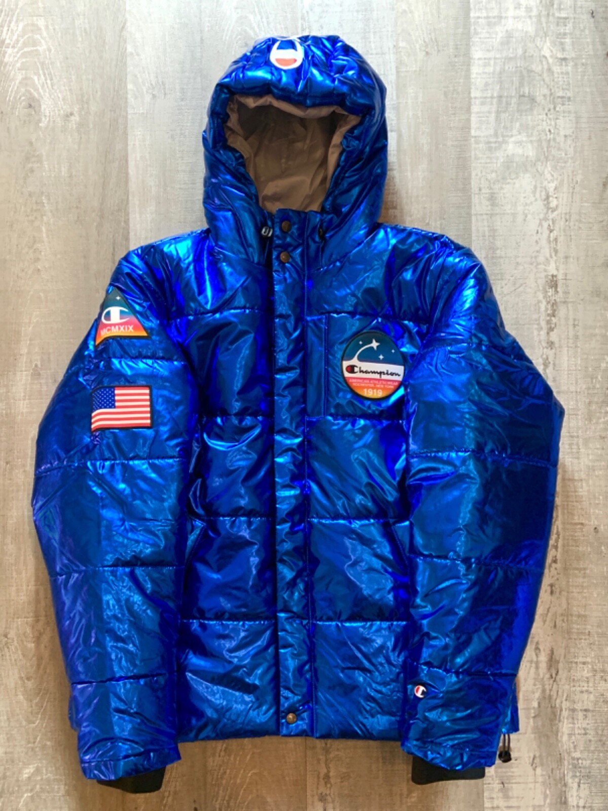 Champion Shiny Metallic Blue Puffy Bright Jacket NASA Men's Champion Shiny Metallic Blue Puffy Bright Jacket NASA Men's