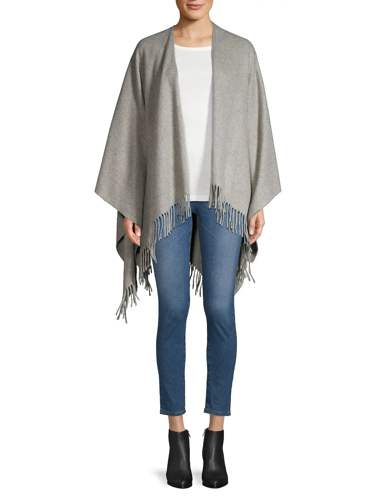 rag & bone Fringe-Trim Cashmere Poncho Women's One Size Gray Heather Open Front - Picture 1 of 15