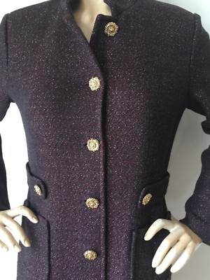 Pre-owned St. John's Bay St John Knit Long Jacket Topper Sz 14 Long Tweed Hematite Melange Wool In Black, Lara Red, Gold Shimmer