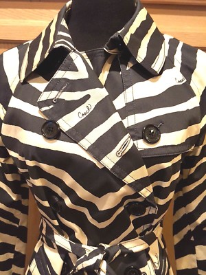 Pre-owned Coach F84238 Navy/beige Zebra Signature Belted Doublebreasted Trench Coat $378 In Blue