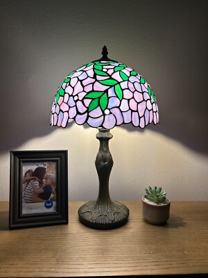 Tiffany Style Table Lamp Purple Stained Glass Green Leave LED Bulb Included 19''H