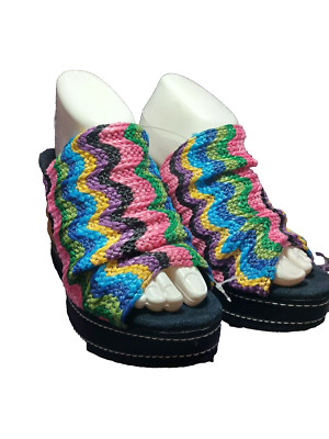 Muk Luks Peyton Platform Wedge Sandals Size 8 Heels Multi Color Slip On Peep Toe